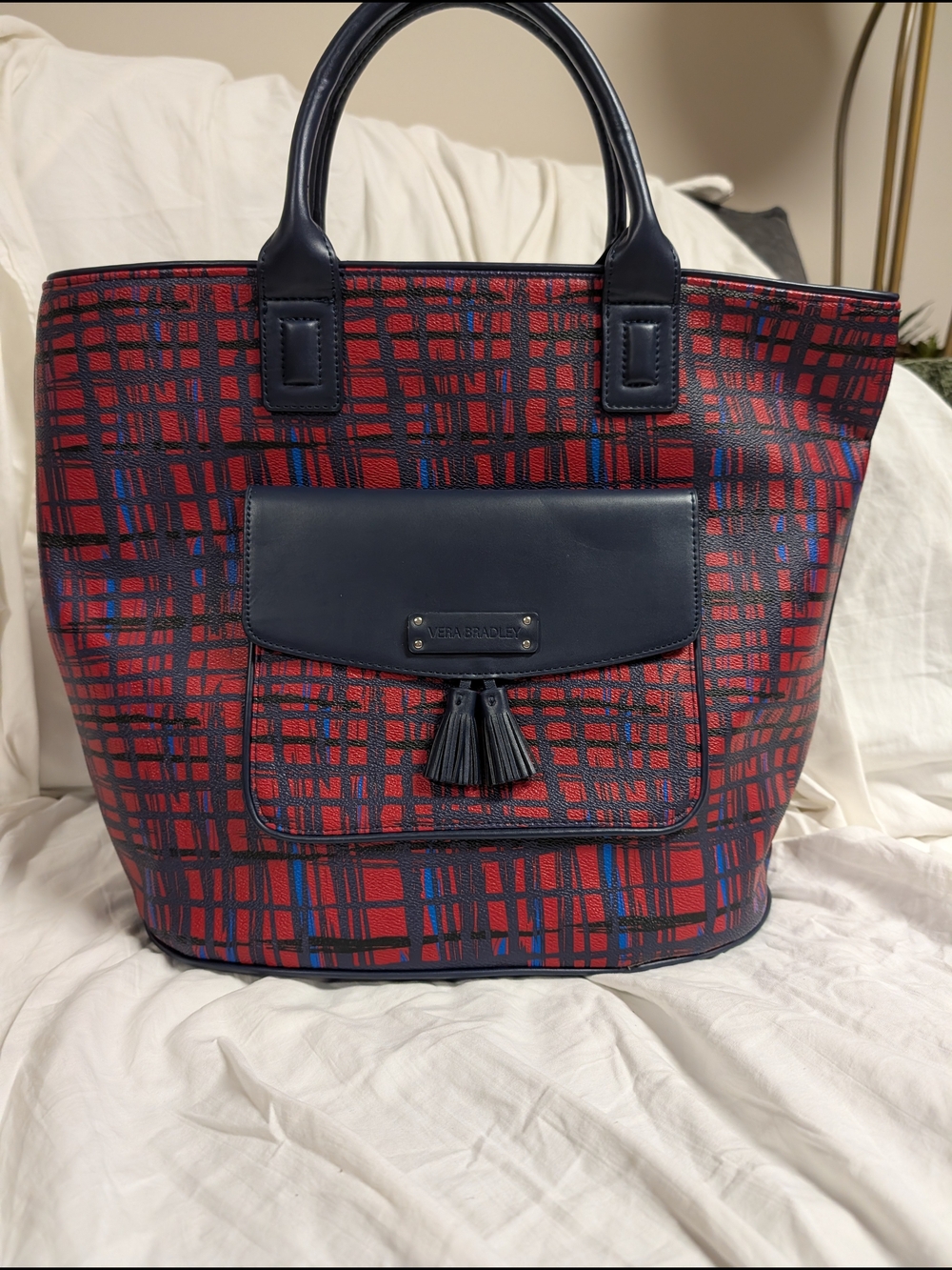 Vera Bradley Red Plaid Tote with Navy Trim